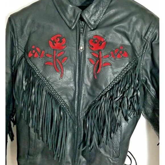 Genuine Leather LG Motorcycle Jacket Fringe Rose Inlay w/ Thinsulate 3M Liner - Picture 2 of 12